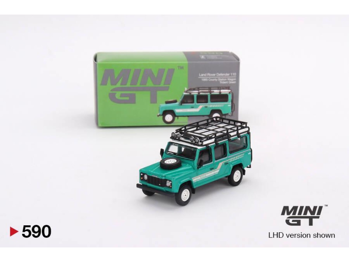 Mini GT 1/64 Land Rover Defender 110 1985 County Station Wagon Trident Green